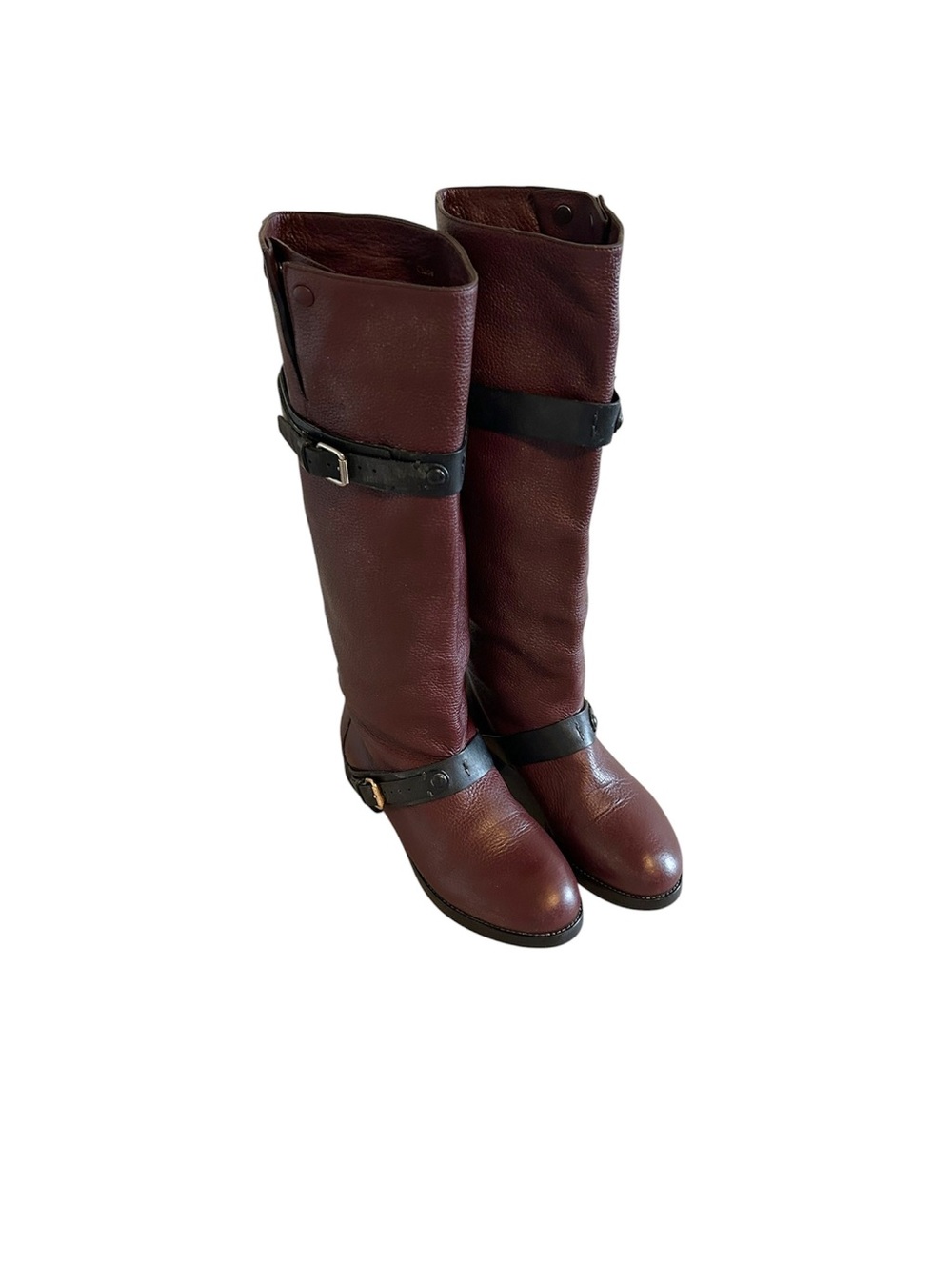 Chloe Pebbled Leather Tall Biker Moto Boots in Burgundy